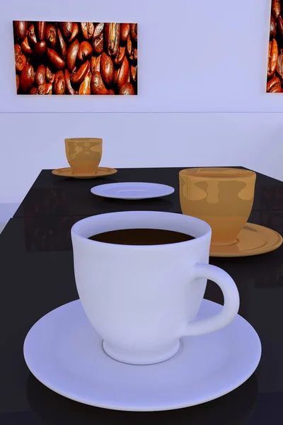 Representación en 3D de una sala con mesas, tazas de café blanco y dorado e imágenes de granos de café tostados —  Fotos de Stock