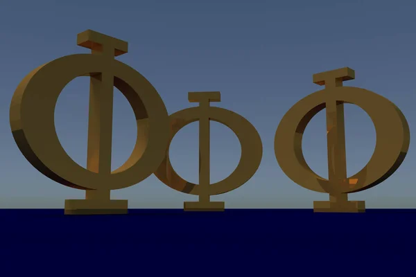 3D-Darstellung der goldenen griechischen Großbuchstaben phi — Stockfoto