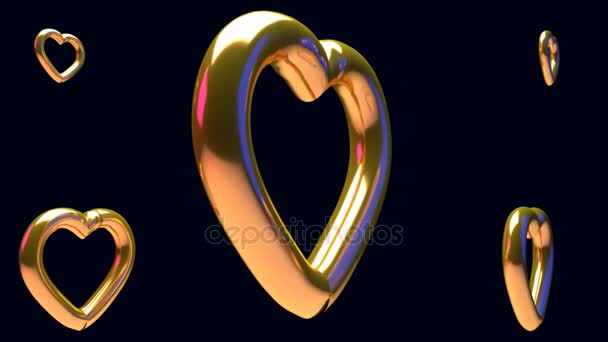 3D rendering of golden glossy hearts — Stock Video