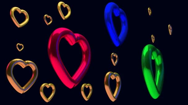 Červené, modré, zelené a zlaté srdce a tmavě modrým pozadím — Stock video