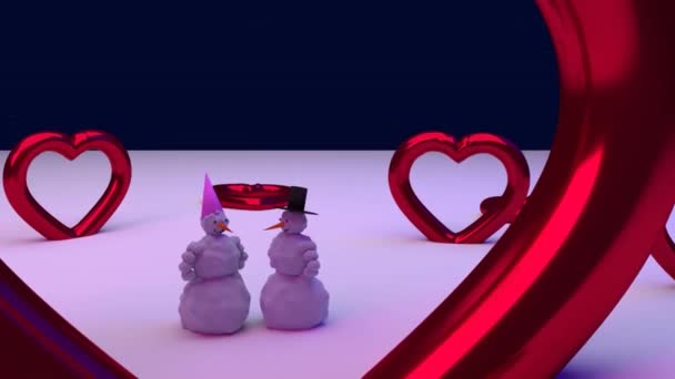 Red hearts and a snowman and his girlfriend — Stock Video