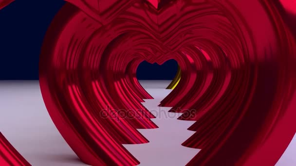 Flying through numerous glossy heart sculptures standing on a white surface — Stock Video