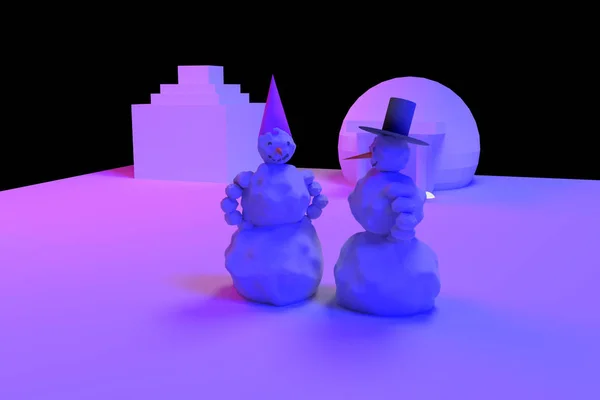 kardan adam ve bir snowwoman pembe ve açık mavi ışık