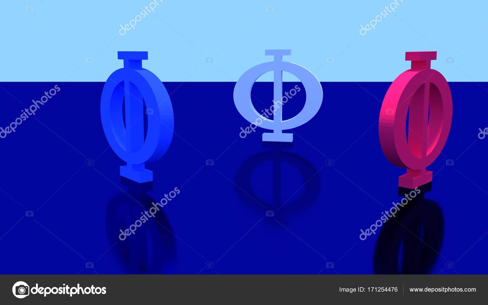 3d rendering of three greek upper case character phi stock photo