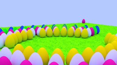 Yeşil çimenlerin üzerinde duran Paskalya yumurtaları 3D render
