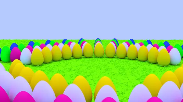 Rendering Easter Eggs Standing Green Grass — Stock Photo, Image