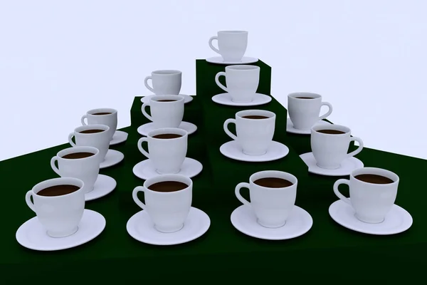 3D illustration of many white coffee cups with saucer