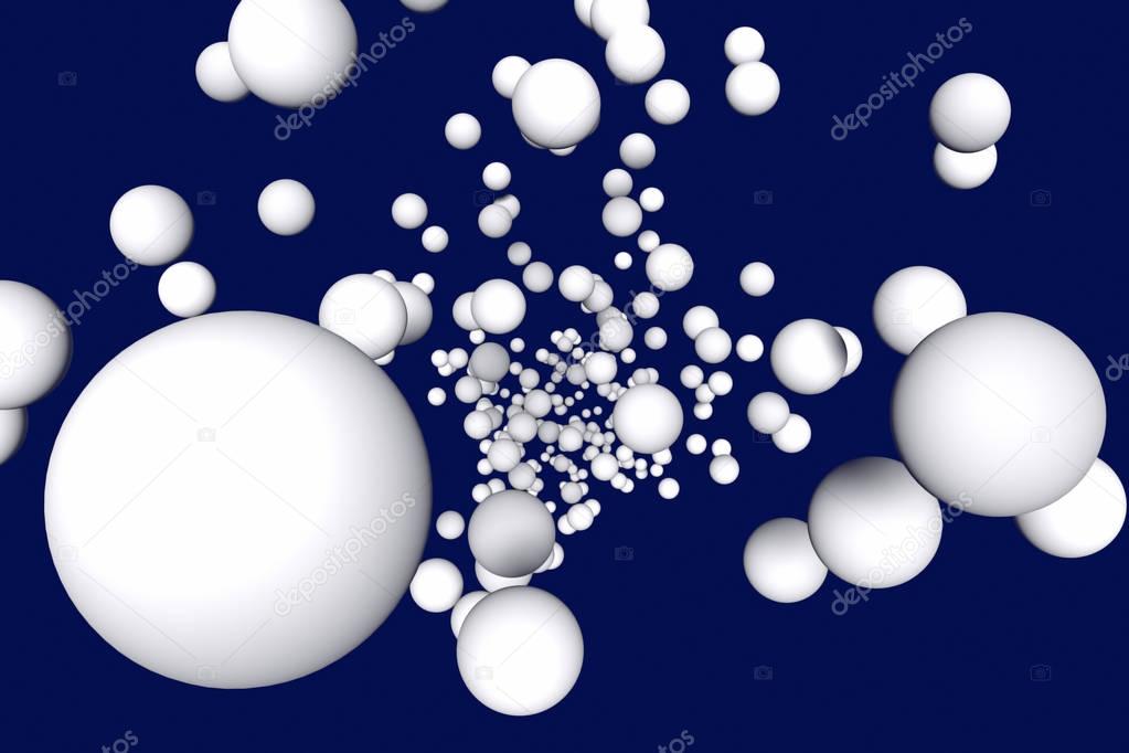 3d illustration of numerous, white spheres with dark blue background