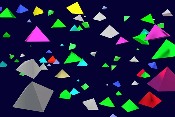 3d illustration of colorful, hovering pyramids with dark blue background