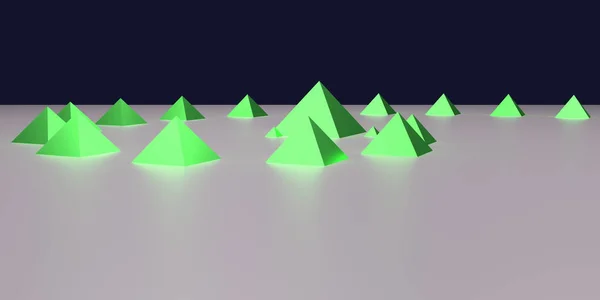 Ilustração Pirâmides Verdes Brilhantes Uma Superfície Branca Fundo Azul Escuro — Fotografia de Stock