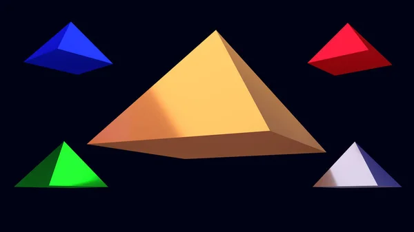 3d illustration of hovering glossy pyramids and a dark blue background