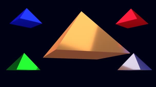 rendu 3D de cinq pyramides brillantes tournantes avec un fond bleu foncé  