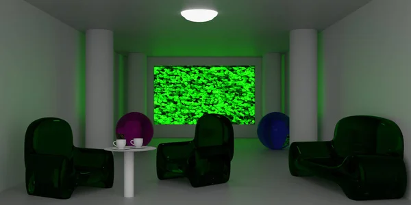 3D rendering of a futuristic room with a big screen and transparent seatings
