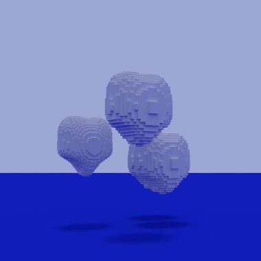 Açık mavi arkaplan ve beyaz küboidlerden yapılmış yüzen kalplerin 3D görüntüsü