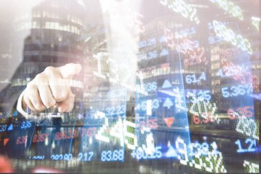 Finans, bankacılık kavramı. Euro sikke, bize Doları banknot yakın çekim. Tonda, seçici odak, çift pozlama ile finansal sistemin soyut resim