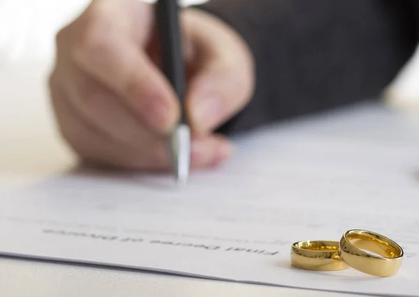 Manos de esposa, marido firmando decreto de divorcio, disolución, cancelación de matrimonio, documentos de separación legal, presentación de documentos de divorcio o acuerdo prematrimonial preparado por el abogado. Anillo de boda — Foto de Stock