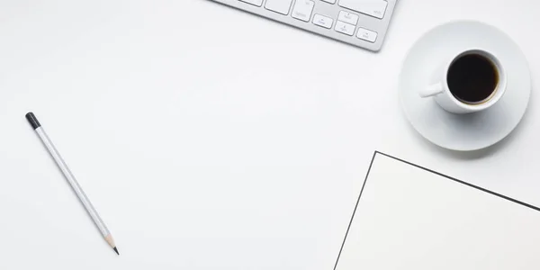 Office desk table with supplies. Flat lay Business workplace and objects. Top view. Copy space for text