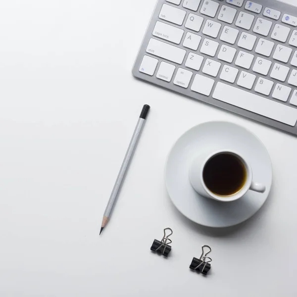 Office desk table with supplies. Flat lay Business workplace and objects. Top view. Copy space for text