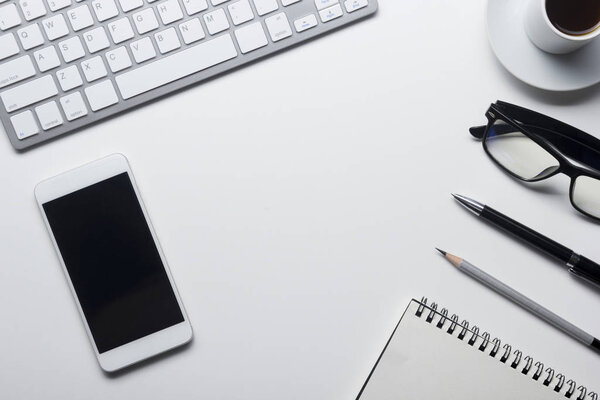 Office desk table with supplies. Flat lay Business workplace and objects. Top view. Copy space for text