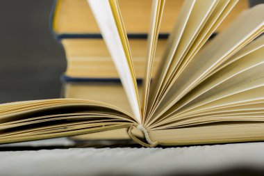 Açık kitap, ahşap masadaki ciltli kitaplar. Okula dönelim. Boşluğu kopyala