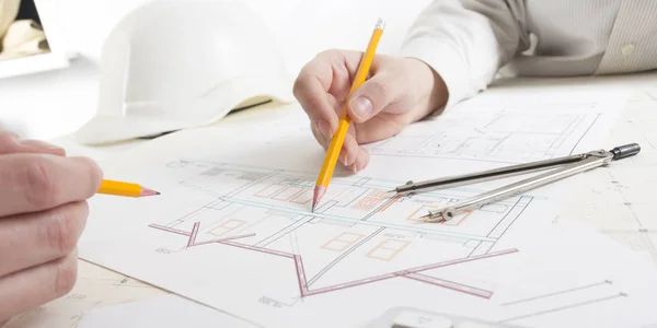 Architects working on blueprint, real estate project. Architect workplace - architectural project, blueprints, ruler, calculator, laptop and divider compass. Construction concept. Engineering tools. — Stock Photo, Image