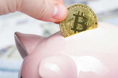 Kumbara, el altın bitcoin sikke sanal para tutar. Cryptocurrency ve koruma kavramı