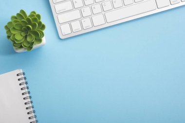 Dizüstü bilgisayarı, akıllı telefonu ve bir fincan kahveli diğer iş malzemeleri olan mavi masa ofisi. Metni kopyalamak için üst görünümü kullan. Desenci çalışma alanı düz masa üzerinde temel elementler yatıyordu