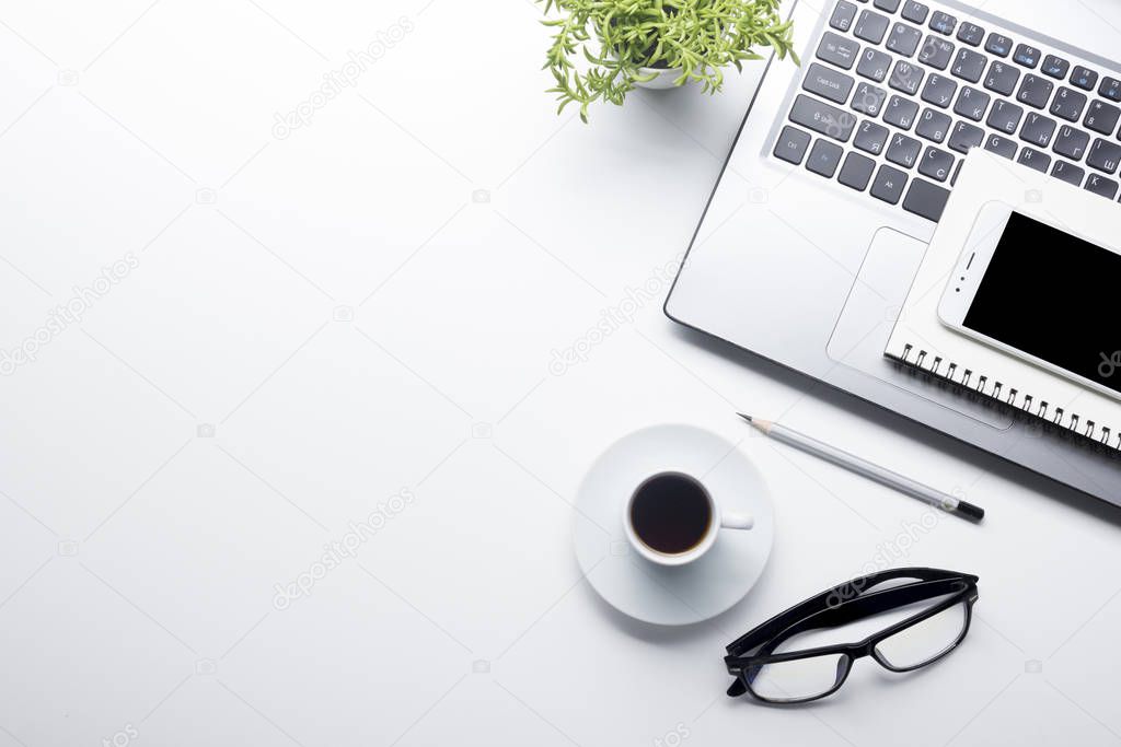 Office desk table with supplies. Flat lay Business workplace and objects. Top view. Copy space for text