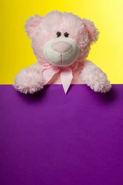 Lindo oso de peluche rosa en el fondo de color con espacio de copia — Foto de Stock
