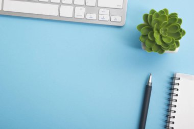 Dizüstü bilgisayarı, akıllı telefonu ve bir fincan kahveli diğer iş malzemeleri olan mavi masa ofisi. Metni kopyalamak için üst görünümü kullan. Desenci çalışma alanı düz masa üzerinde temel elementler yatıyordu