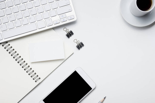 Office desk table with supplies. Flat lay Business workplace and objects. Top view. Copy space for text