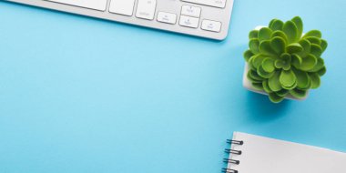 Dizüstü bilgisayarı, akıllı telefonu ve bir fincan kahveli diğer iş malzemeleri olan mavi masa ofisi. Metni kopyalamak için üst görünümü kullan. Desenci çalışma alanı düz masa üzerinde temel elementler yatıyordu