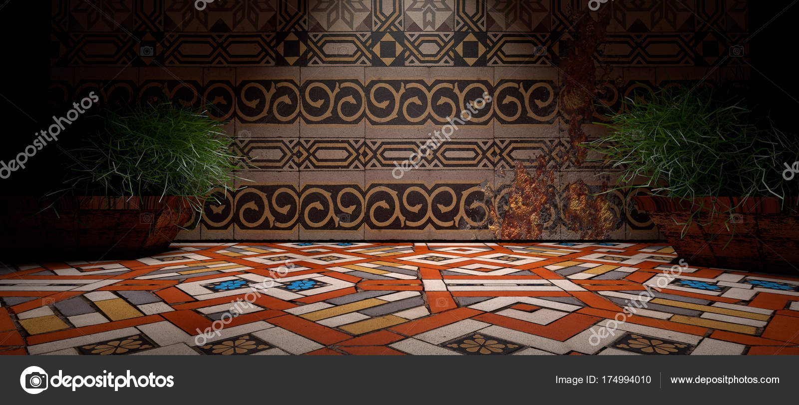 3D-abstracte achtergrond interieur. Vloeren en muren in donkere ... 3D-abstracte achtergrond interieur. Vloeren en muren in donkere ...