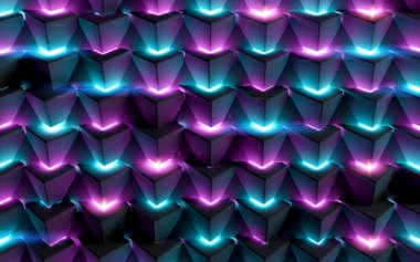 Küplerin soyut görüntüsü veya blok arkaplanı. Karelerin, dikdörtgenlerin ve geometrik şekillerin tasarlanmasının fütüristik 3d çizimi. Parlak neon ışıklar ve parlak, pürüzsüz doku.