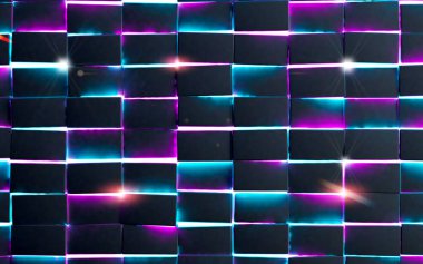 Küplerin soyut görüntüsü veya blok arkaplanı. Karelerin, dikdörtgenlerin ve geometrik şekillerin tasarlanmasının fütüristik 3d çizimi. Parlak neon ışıklar ve parlak, pürüzsüz doku.