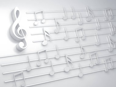 Noel şarkısı için soyut beyaz müzik arkaplanı, notalar ve semboller. Müzik festivalleri ve caz ve pop konserleri için 3D müzik ve melodi konsepti..