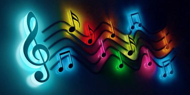 Soyut müzik arkaplanı, Noel şarkıları için notalar ve semboller. Müzik festivalleri ve caz ve pop konserleri için 3D müzik konsepti. Boş zaman ve gece eğlencesi.
