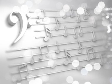 Noel şarkısı için soyut beyaz müzik arkaplanı, notalar ve semboller. Müzik festivalleri ve caz ve pop konserleri için 3D müzik ve melodi konsepti..