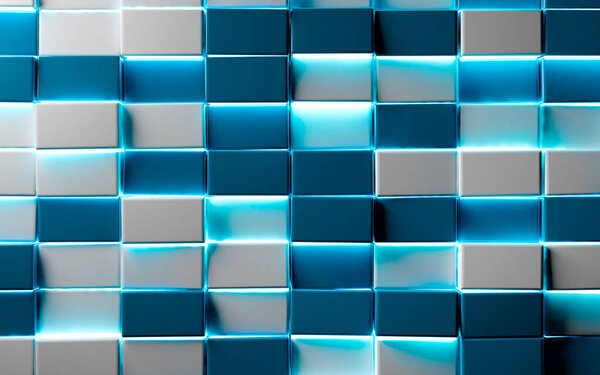 Abstract blue blocks or cubes background.trendy design of mosaic shiny texture and neon lights. Tech and digital backdrop.3d illustration