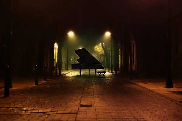 Piano Music Background Grand Piano Street City Night Street Lamps — Stock Photo, Image