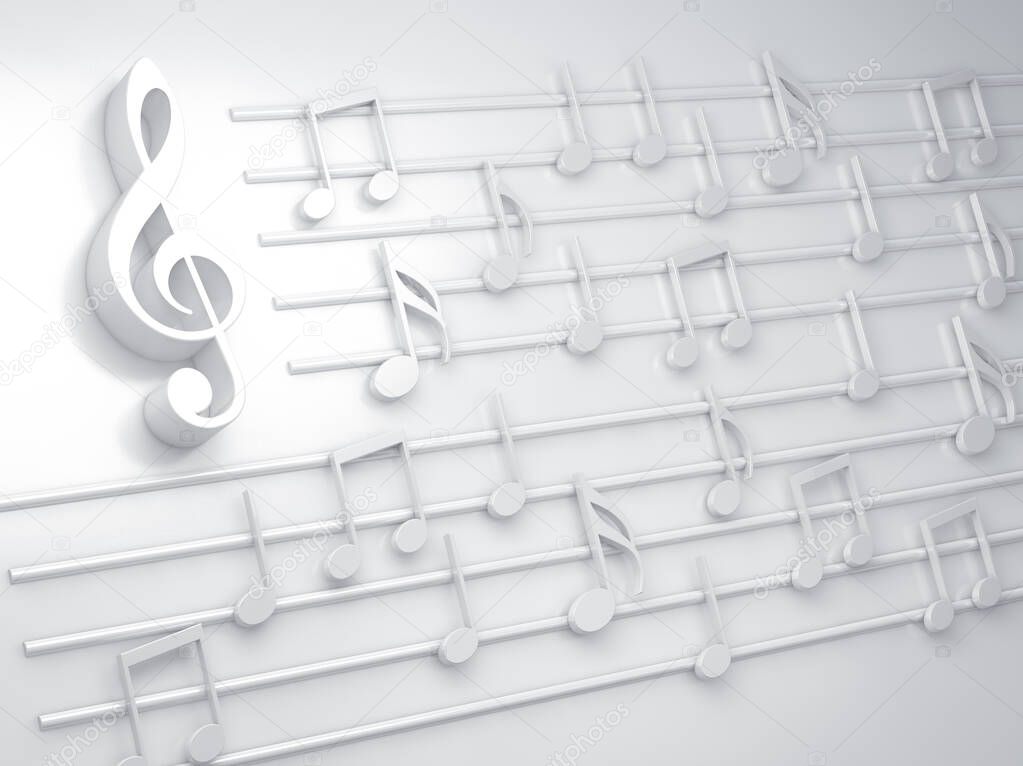 Abstract white music background, musical notes and symbols for Christmas carol.Song and melody concept.3d illustration for music festivals and jazz and pop concerts.