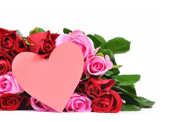 Vörös és rózsaszín rózsa Valentin szív alakú kártya — Stock Fotó