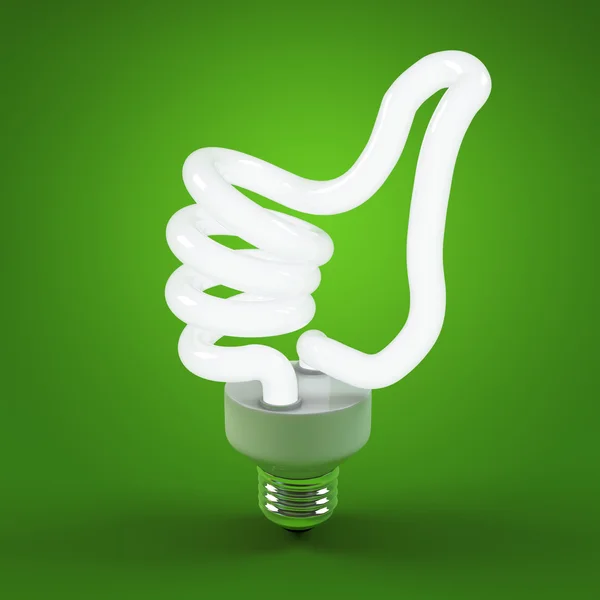 Ecología ambiente y ahorro de energía, concepto de bombilla de luz de negocios de éxito. Pulgar hacia arriba signo gesto lámpara de mano bombilla . — Foto de Stock