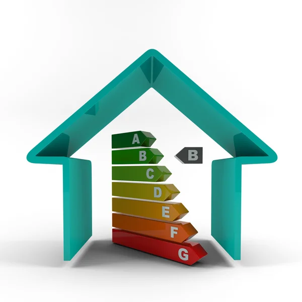Modrý dům obrys s energetické účinnosti rating. — Stock fotografie