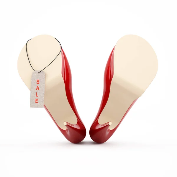 Womens red high-heeled shoes image 3D high quality rendering. Red sale tag. Stock Photo