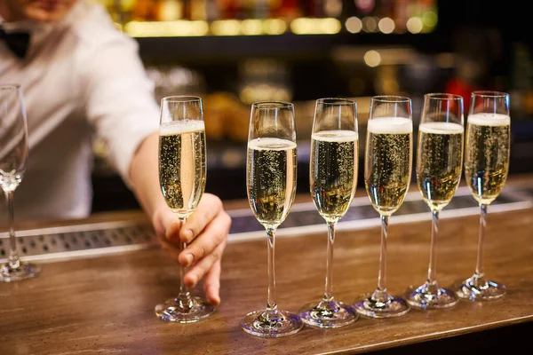 Glasses Champagne Served Bartender — Stock Photo, Image