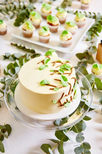 枝や葉で装飾された白いケーキは 背景にケーキが立って白いテーブルの上に立っています — ストック写真
