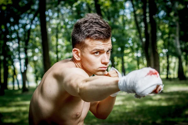 aggressive boxer diligently trains hands in blood