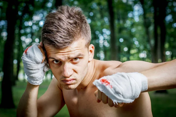 Aggressive Boxer Diligently Trains Hands Blood — Stock Photo, Image