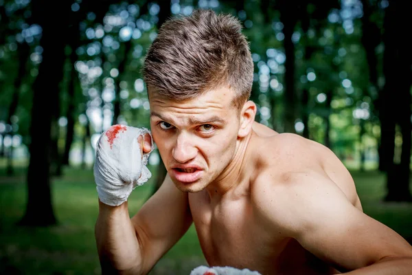 Aggressive Boxer Diligently Trains Hands Blood — Stock Photo, Image